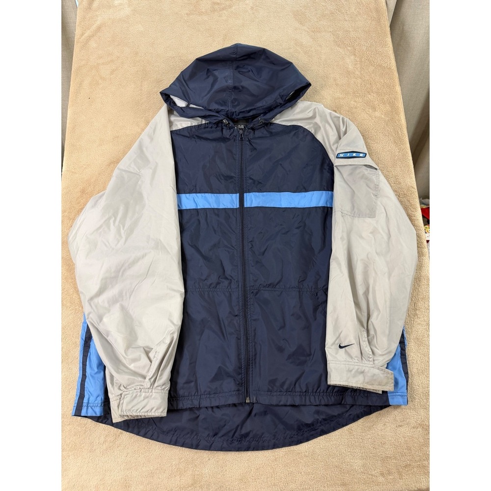 Vintage 90's Nike Windbreaker Jacket Mens 2XL Navy Blue‎ Colorblock Hooded EUC